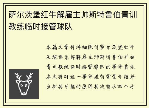 萨尔茨堡红牛解雇主帅斯特鲁伯青训教练临时接管球队