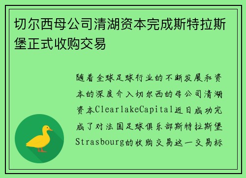 切尔西母公司清湖资本完成斯特拉斯堡正式收购交易